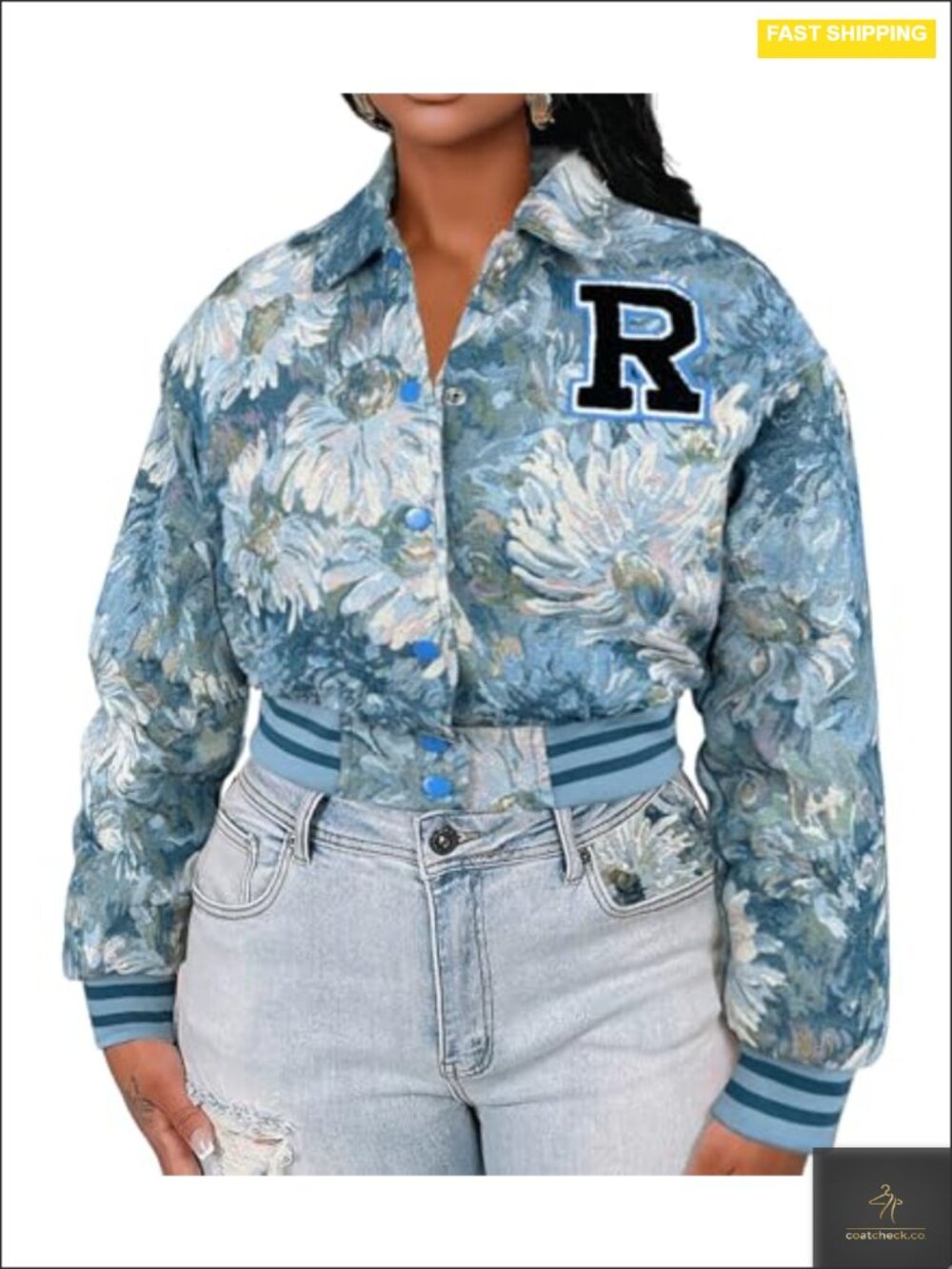 Women's Floral Cropped Bomber Jacket Varsity Letter Patch Snap Front